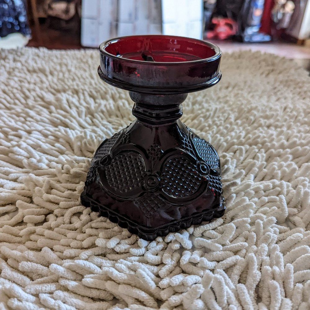 Vintage AVON Cape Cod Ruby Red Glass Candy Dish / Reversed Candle Holder